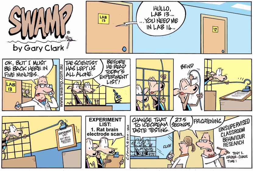 In the laboratory, the scientist has been called out and Cheese and Chives Rats seize the opportunity to change experiment list. Swamp Cartoon - Change Experiment ListAugust 27, 2023